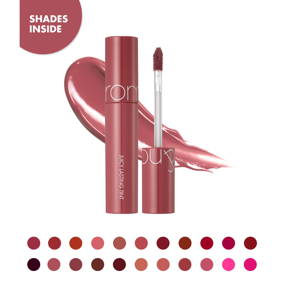 Rom&nd The Juicy Lasting Tint in 18 Mulled Peach, showing the peachy lip tint tube and applicator with a soft background.