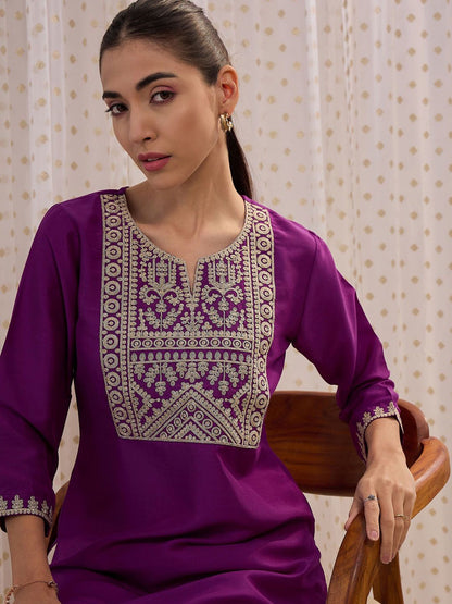 Indyancart IE Ethnic Motifs Printed Round Neck Three-Quarter Sleeves Kurta