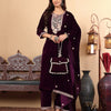 Dhiyona VA Women'sPurple Floral Yoke Design Thread Work Velvet Kurta with Trousers & Dupatta