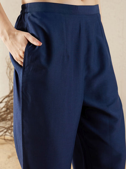 Indyancart IE Navy Blue Embroidered Yoke Design Aari Work Kurta With Trousers & Dupatta