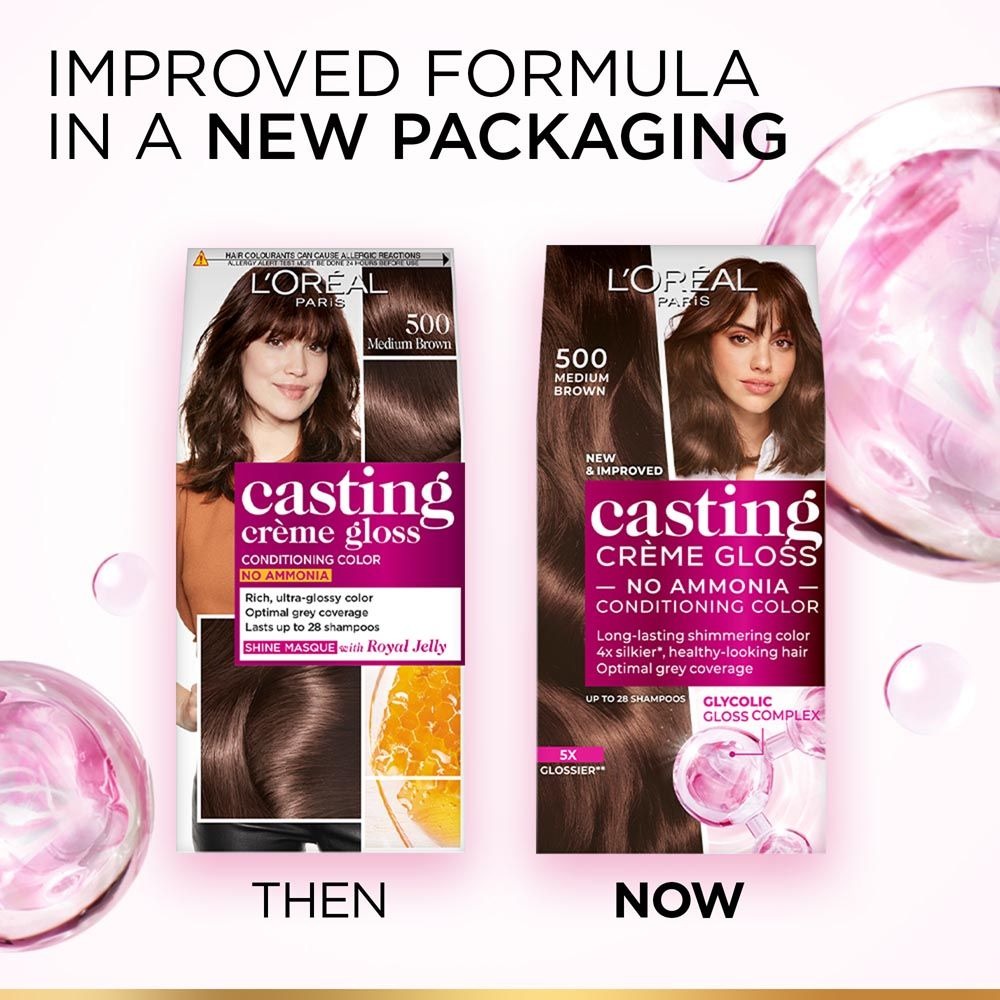 L'Oreal Paris Casting Creme Gloss Medium Brown hair color, showing a woman with shiny, healthy-looking medium brown hair.