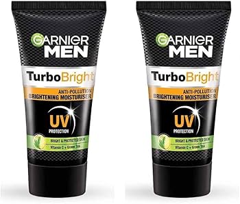 Garnier Men Power White anti-pollution brightening face moisturizer in a jar, with fresh, clean skin visible.