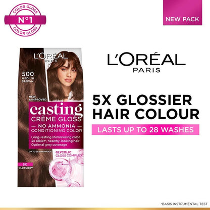 L'Oreal Paris Casting Creme Gloss Medium Brown hair color tube, close-up of the packaging on a white background