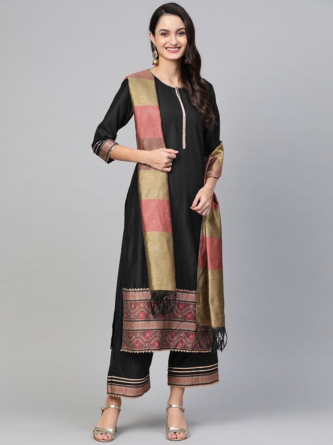 Indyancart IE Women Black & Golden Solid Kurta with Palazzos & Dupatta