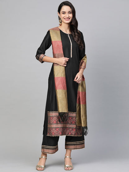 Indyancart IE Women Black & Golden Solid Kurta with Palazzos & Dupatta