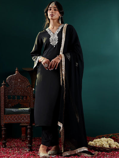 Indyancart VA Women's Ethnic Motifs Embroidered Regular Mirror Work Kurta with Trousers & With Dupatta