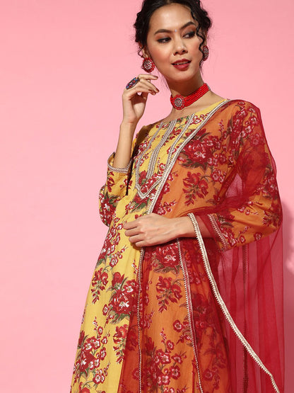 Dhiyona IE Yellow Cotton Blend Romantic Florals Kurta Set