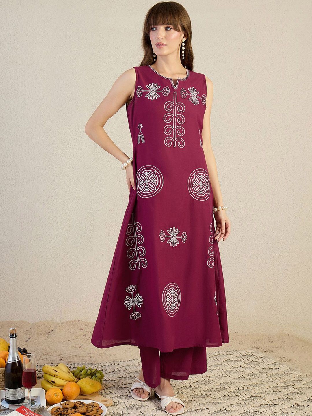 Dhiyona IE Embroidered Round Neck Pure Cotton Top With Palazzos Co-Ords