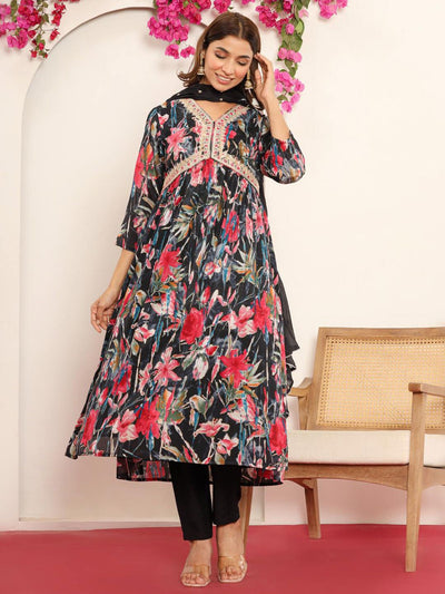 Indyancart VA Women'sBlack Gotta Patti Floral Embroidered V-Neck Empire Kurta With Trousers & Dupatta