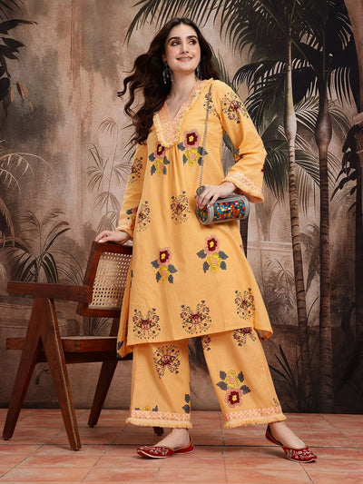 Indyancart SN Women's Floral Printed Pure Cotton Kurta With Palazzos