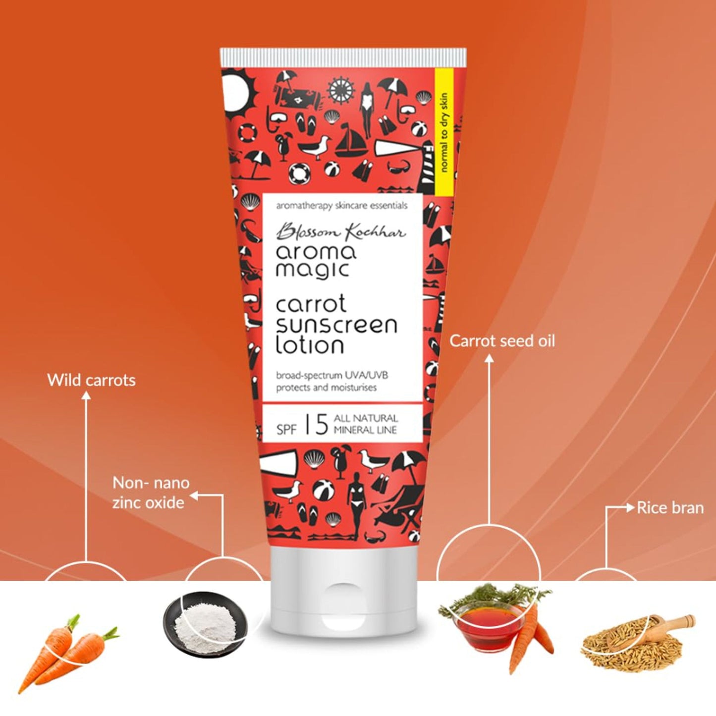 Aroma Magic Carrot Sunscreen Lotion SPF 15 UVA/UVB All Natural Mineral Line
