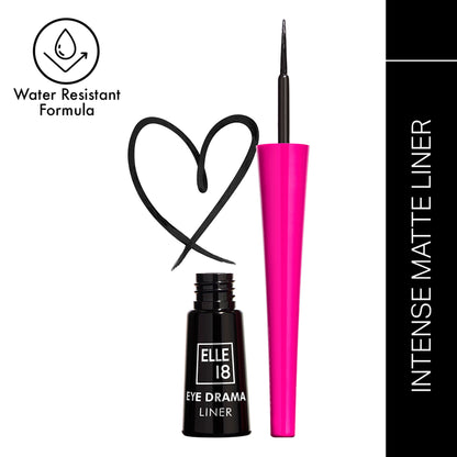Elle 18 Eye Drama Liner in black with matte finish, long-lasting and water-resistant eyeliner showing the product tip and packaging