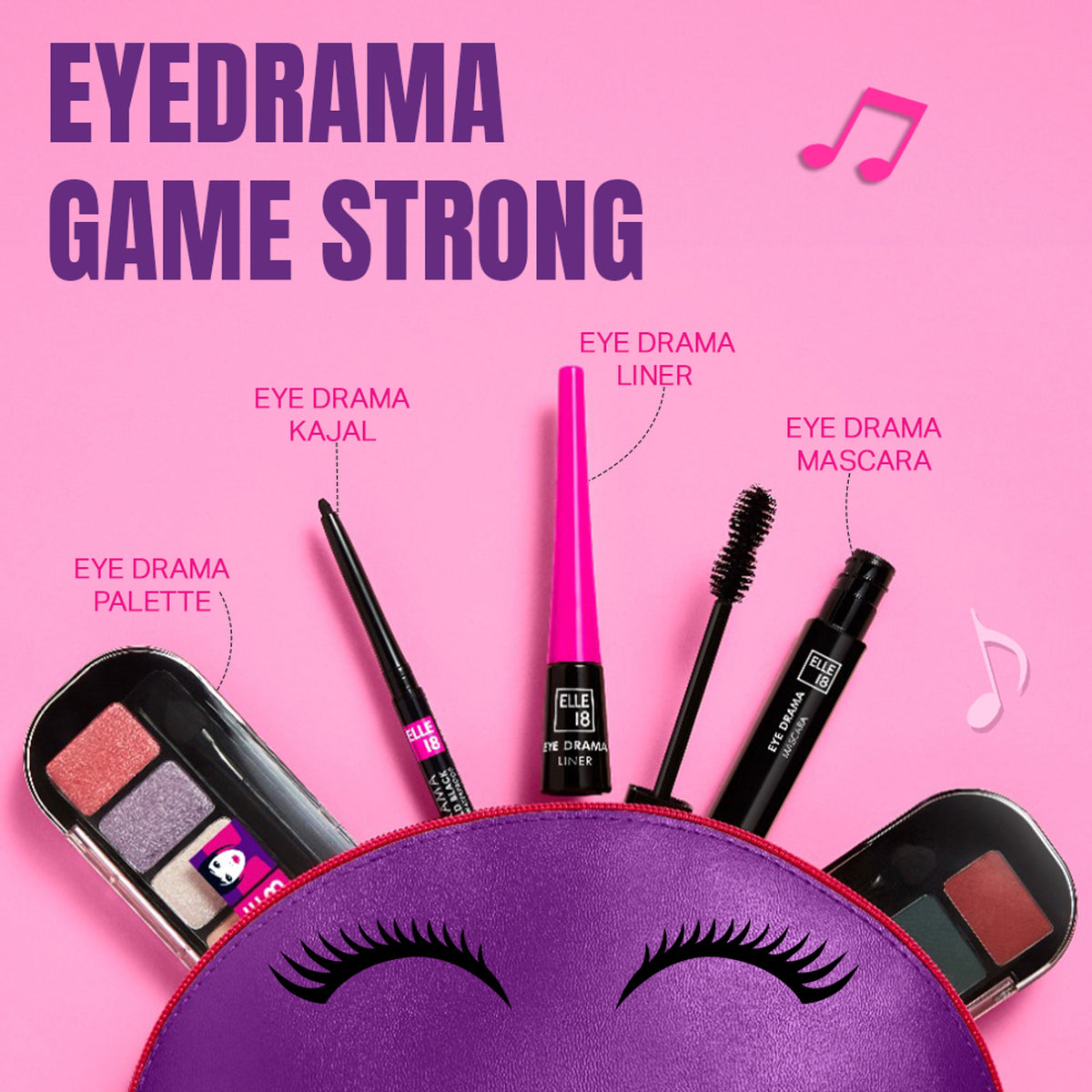 Elle 18 Eye Drama Liner in black with matte finish, long-lasting and water-resistant eyeliner showing the product tube and applicator.