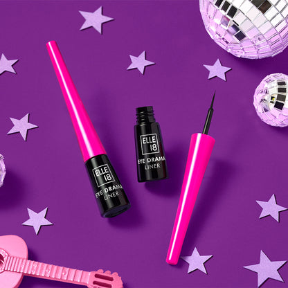 Elle 18 Eye Drama Liner in black with matte finish, long-lasting and water-resistant eyeliner showing the product applicator and packaging.