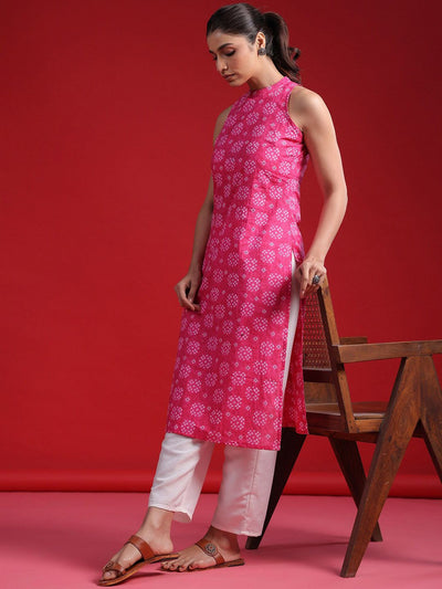 Indyancart IE Pink & White Bandhani Printed Halter Neck Cotton Straight Kurta