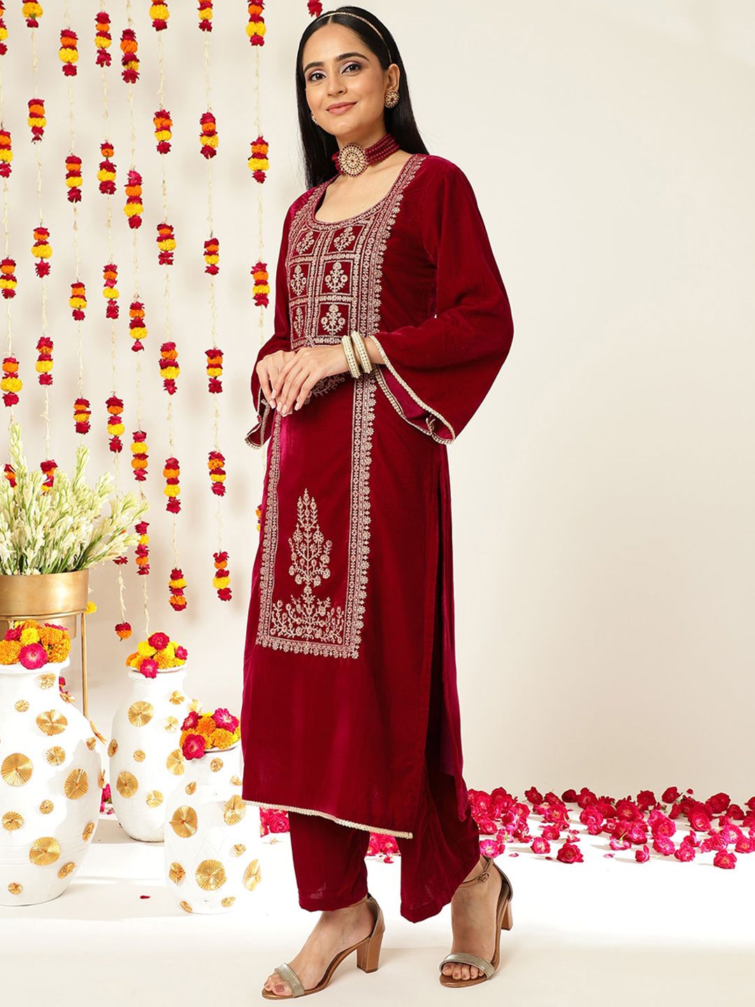 Indyancart VA Burgundy Ethnic Motifs Embroidered Velvet Kurta With Palazzos & Dupatta