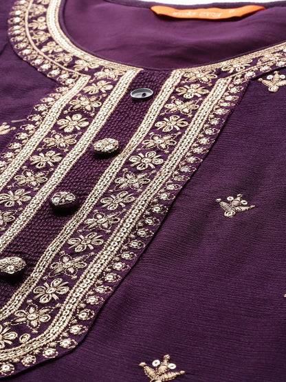 Dhiyona IE Ethnic Motifs Embroidered Regular Sequinned Kurta with Sharara & Dupatta