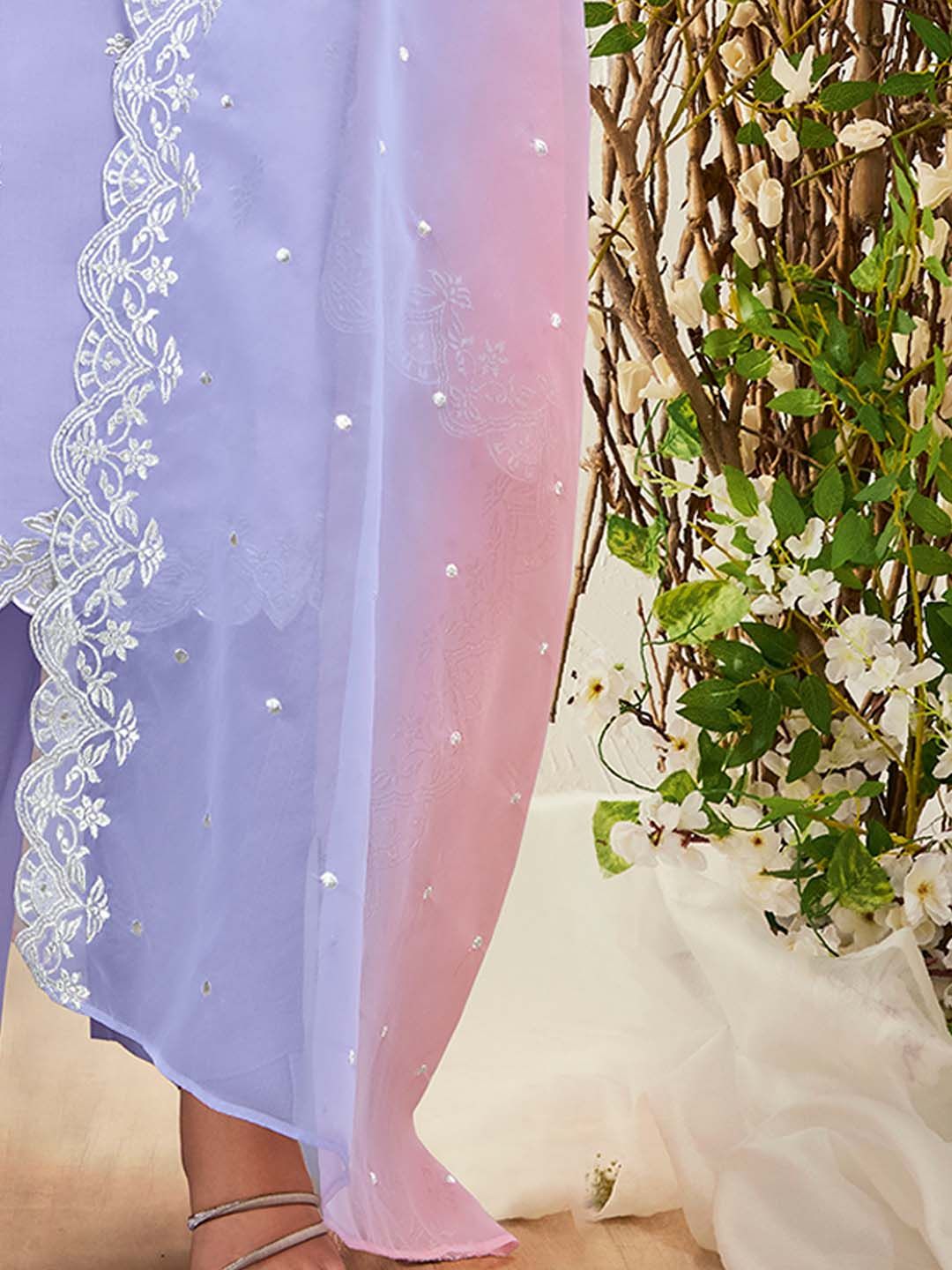 Indyancart IE Lavender Floral Embroidered Round Neck Thread Work Kurta with Trousers & Dupatta