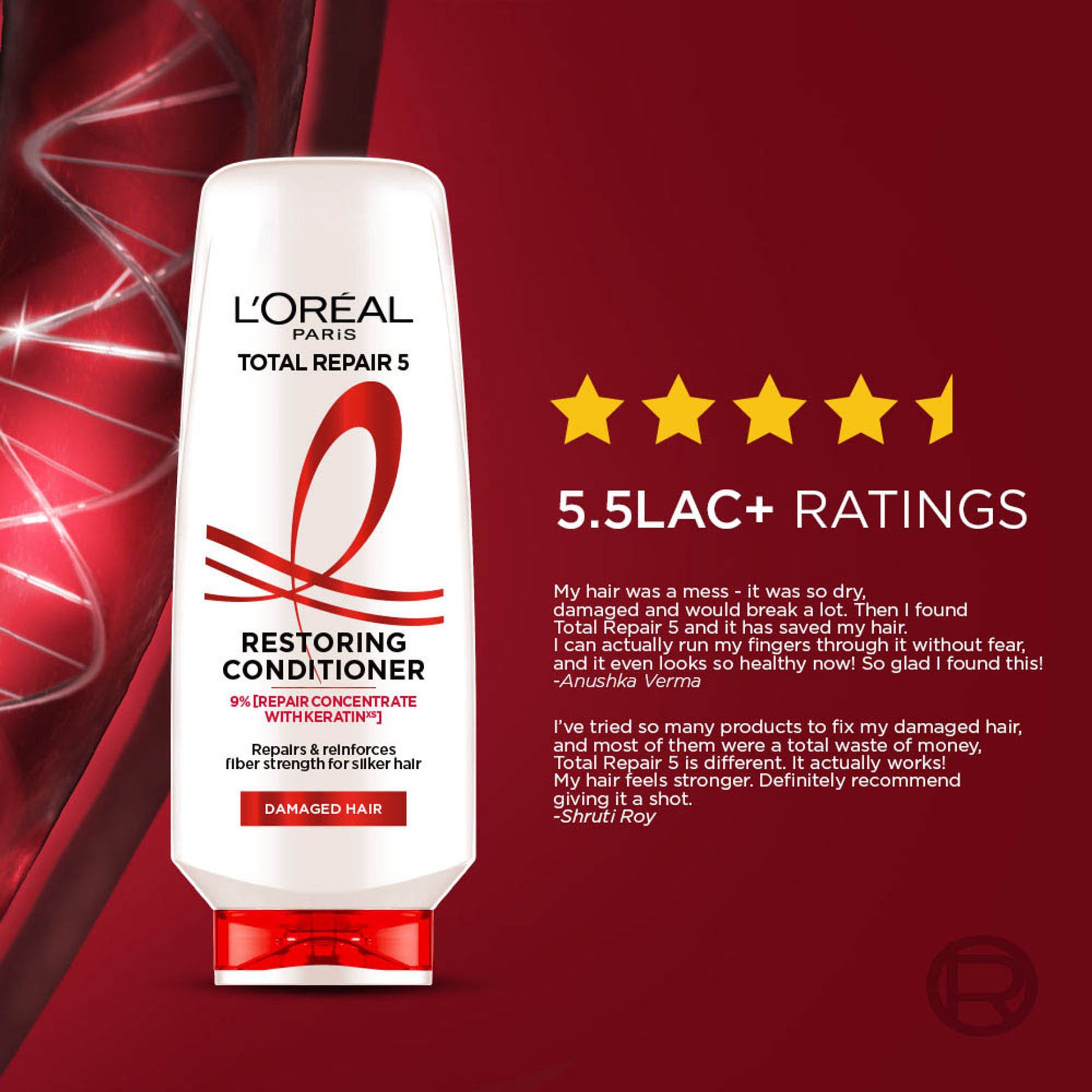L'Oréal Paris Total Repair 5 Conditioner - Restores Damaged Hair Powered by Keratin XS Technology