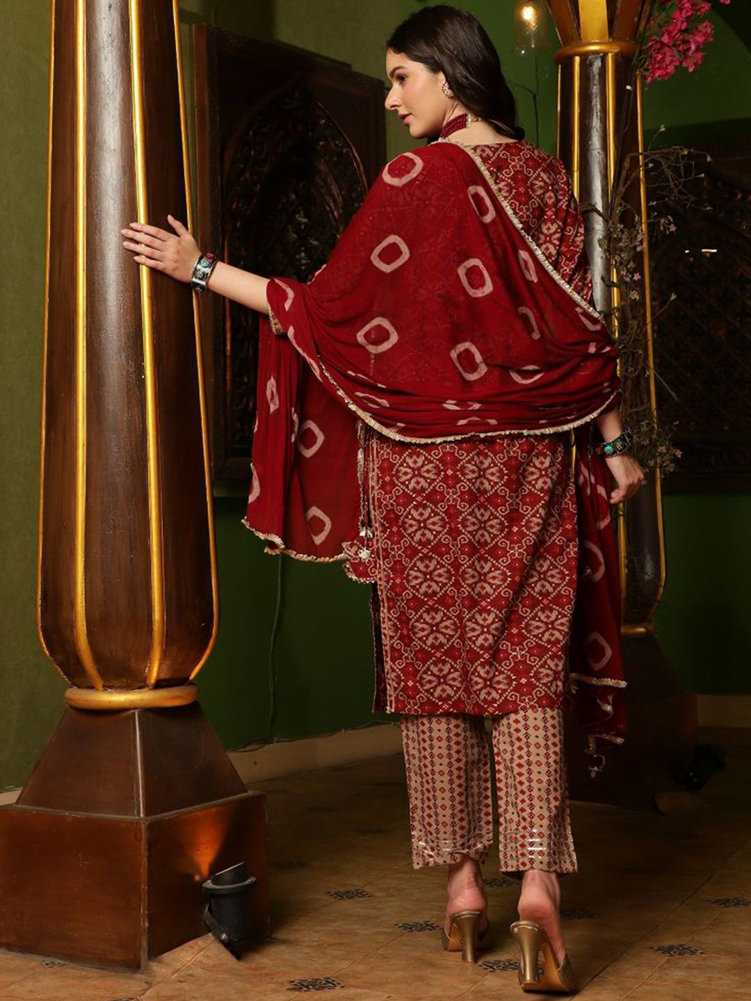 Indyancart SN Women's Printed Gotta Patti Pure Cotton Straight Kurta With Trouser & Dupatta