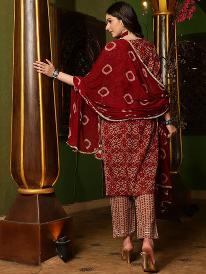 Indyancart SN Women's Printed Gotta Patti Pure Cotton Straight Kurta With Trouser & Dupatta