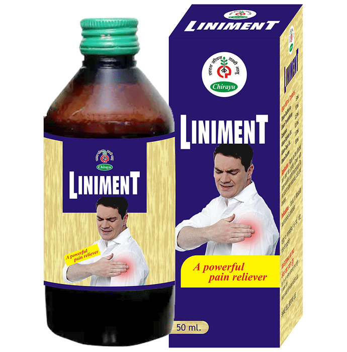 Chirayu Ayurvedic Liniment Oil bottle with label, featuring natural herbal ingredients for muscle and joint relief.