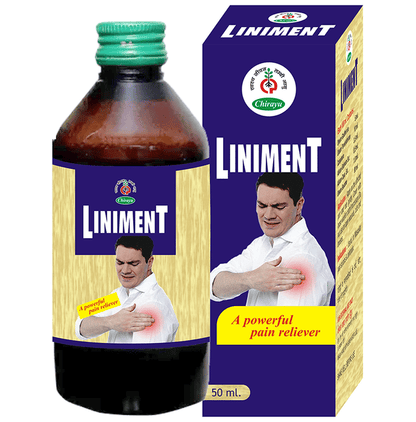 Chirayu Ayurvedic Liniment Oil bottle with label, featuring natural herbal ingredients for muscle and joint relief.