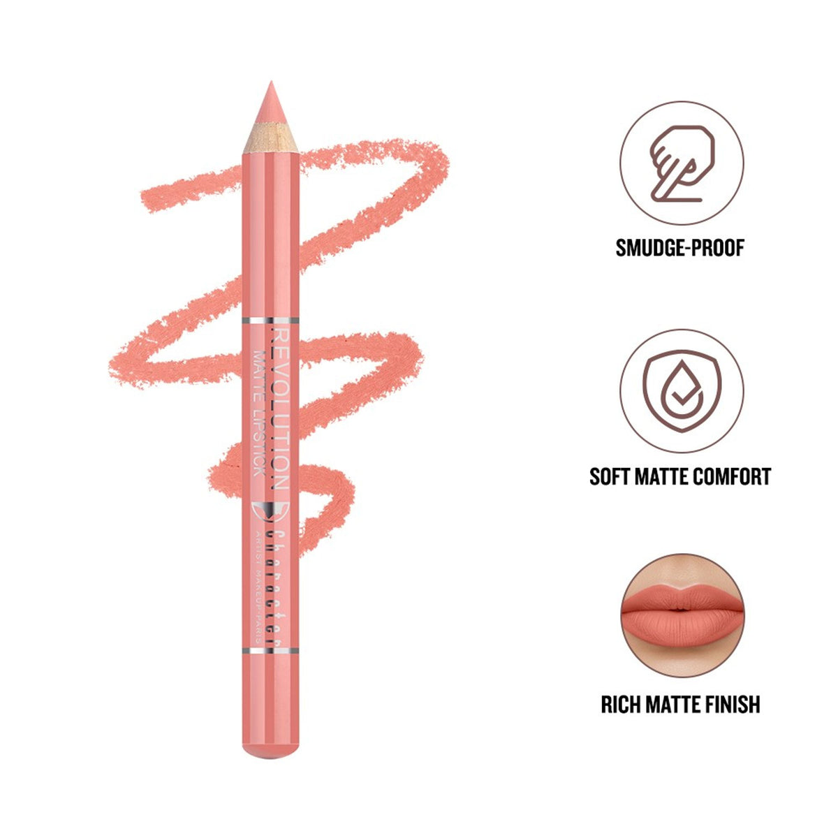 Character Revolution Matte Lipstick RL004 in a sleek tube, featuring a vibrant lipstick shade ready for bold makeup looks.