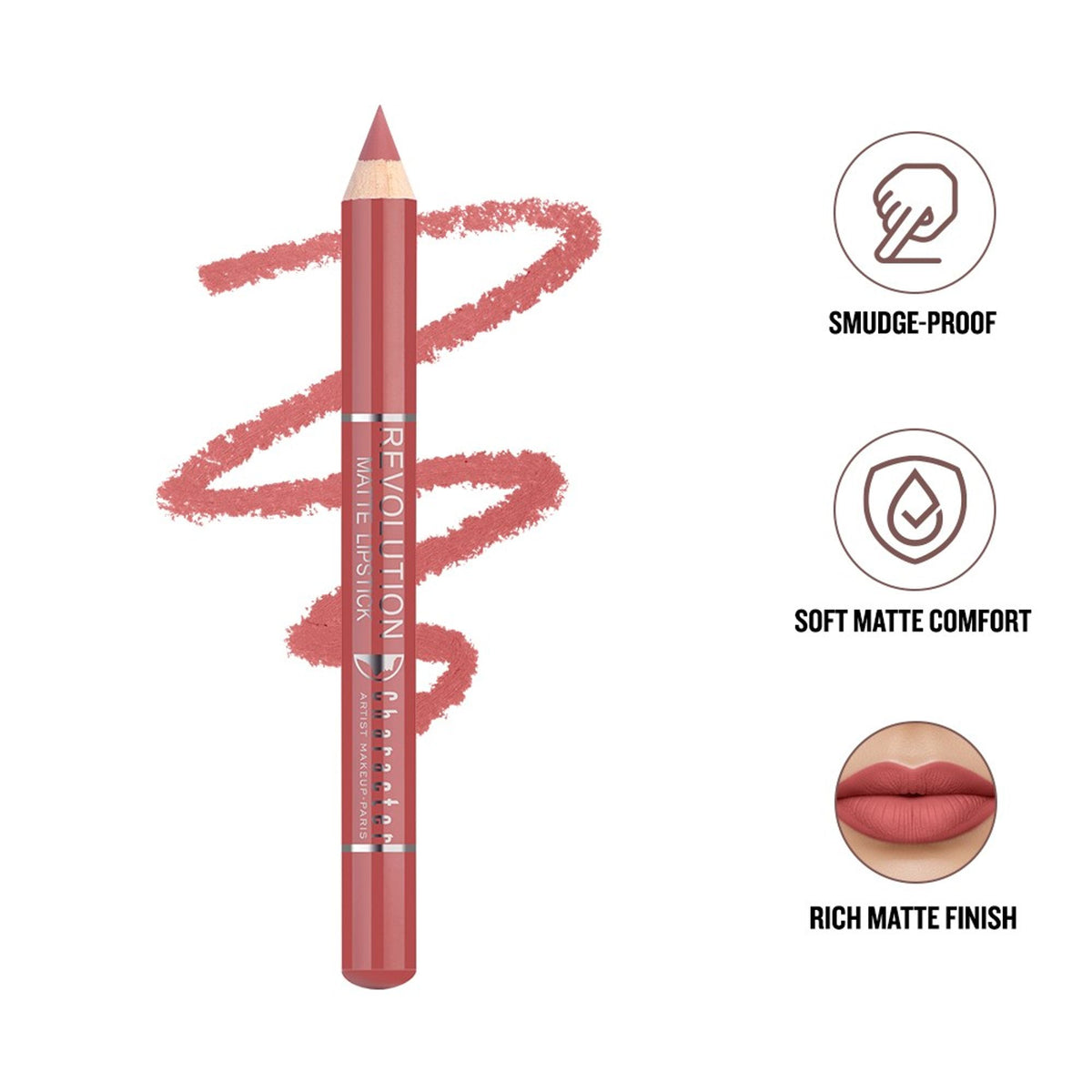 Character Revolution matte lipstick RL018 in a sleek lipstick tube, showcasing the bold, vibrant color of the product.