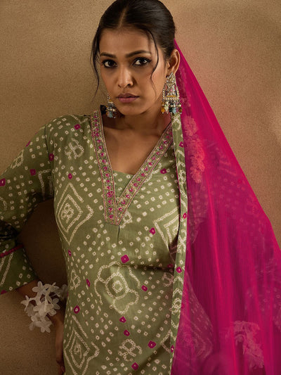Indyancart IE Bandhani Printed Pure Cotton Kurta With Trousers & Dupatta