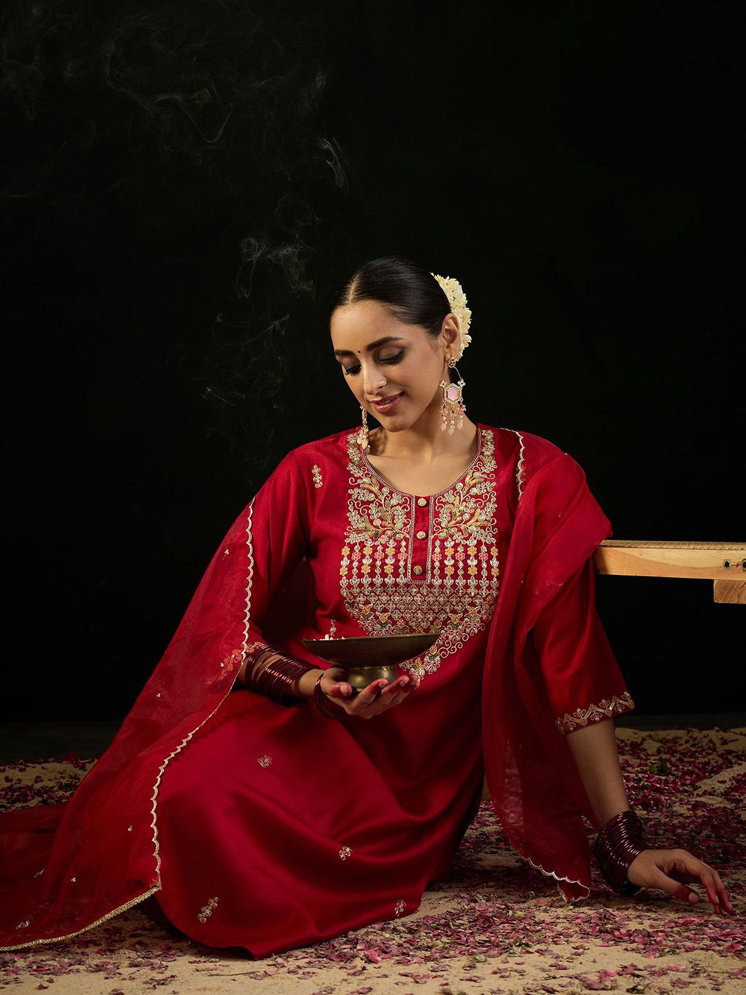 Floral Yoke Design Sequnnied Straight Kurta With Trousers & Dupatta