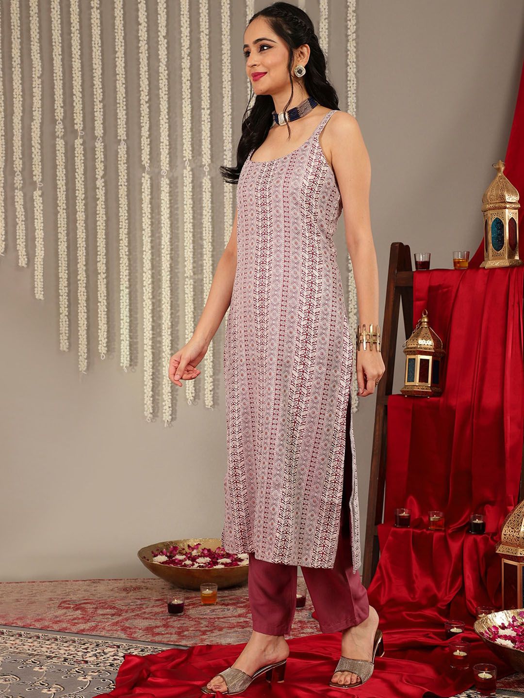 Indyancart VA Women's Shoulder Straps Woven Printed Straight Kurta & Trouser With Dupatta