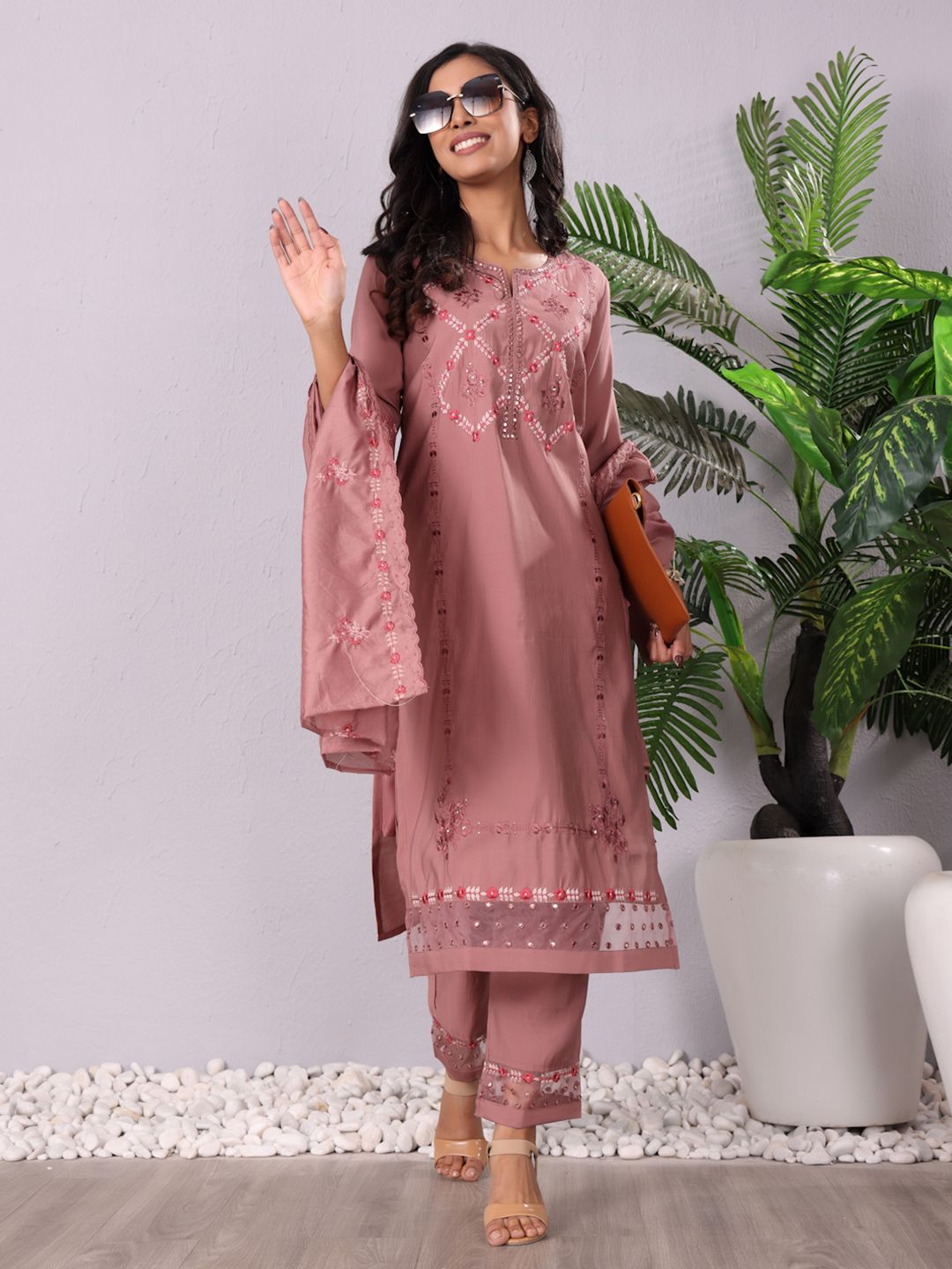 Indyancart VA Women'sMauve Floral Embroidered Mirror Work Kurta With Trousers & Dupatta
