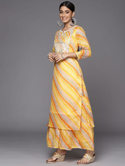 Indyancart VA Women's Yellow Leheriya Printed Gotta Patti Chanderi Cotton Kurta with Sharara & With Dupatta