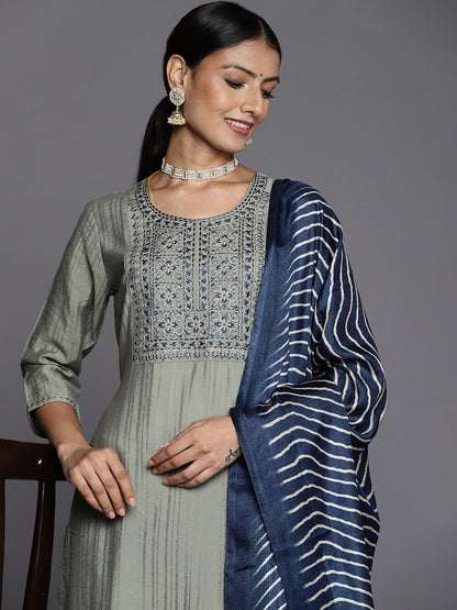 Indyancart VA Women's Green & Navy Blue Floral Embroidered Kurta with Trousers & Dupatta