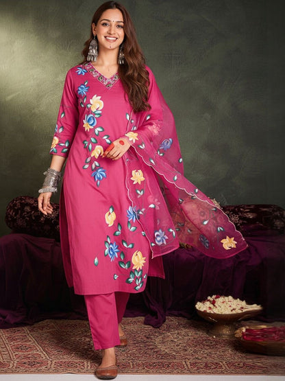 Floral Printed Sraight Thread Work Pure Cotton Kurta With Trousers & Dupatta