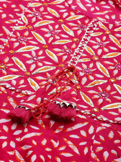 Dhiyona IE Women Pink & White Bandhani Printed Gotta Patti Kurta with Trousers & Dupatta