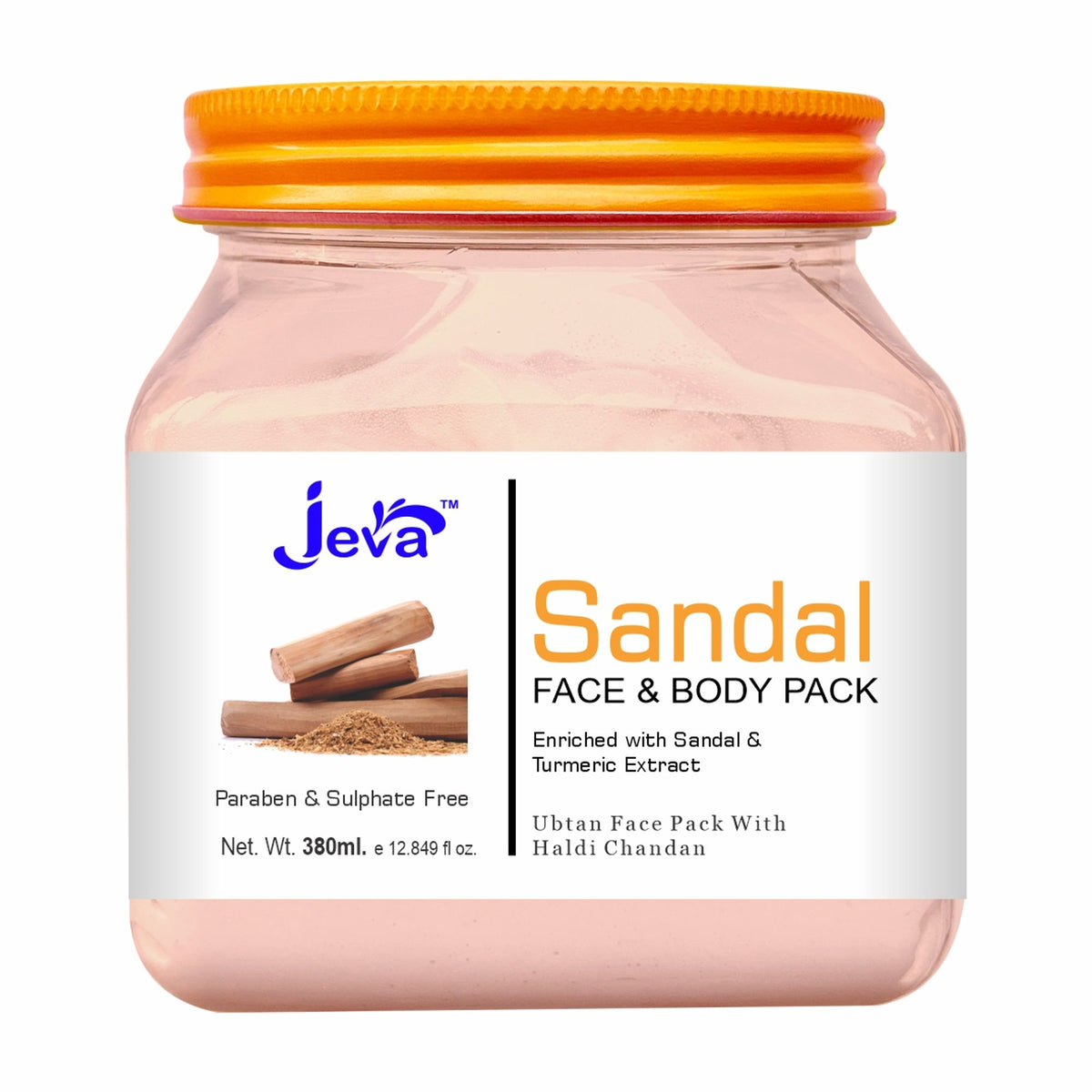 Jeva Ubtan face pack with turmeric and sandalwood, brightening and glow-enhancing gel for radiant skin, shown in a jar.