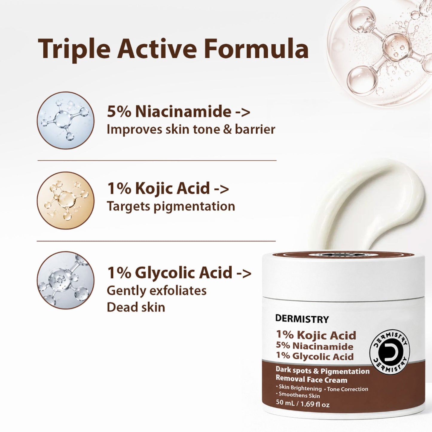 DERMISTRY Kojic Acid Face Cream Pigmentation Tan Removal Glowing Skin Whitening Lightening Fairness