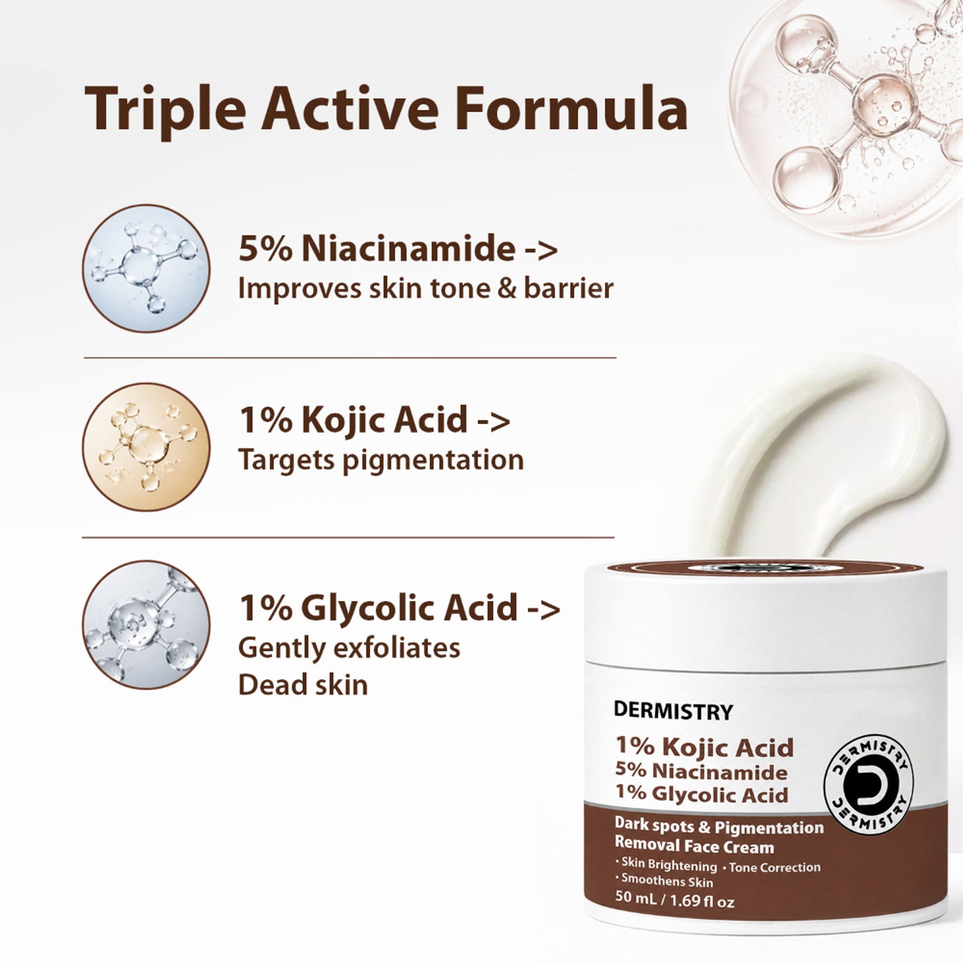 DERMISTRY Kojic Acid Face Cream Pigmentation Tan Removal Glowing Skin Whitening Lightening Fairness