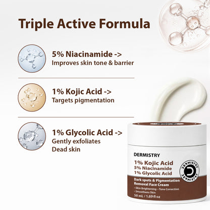DERMISTRY Kojic Acid Face Cream Pigmentation Tan Removal Glowing Skin Whitening Lightening Fairness