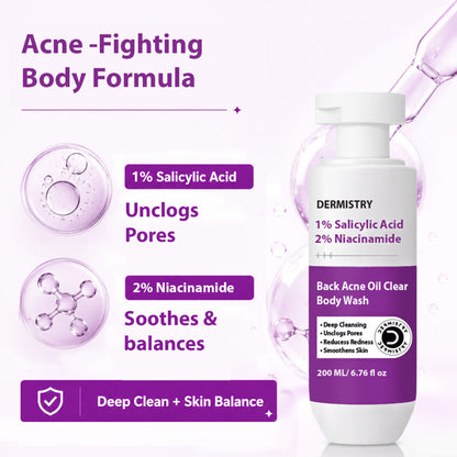DERMISTRY 1% Salicylic Acid Niacinamide Exfoliating Body Wash for Back Acne Oily Acne Prone Skin