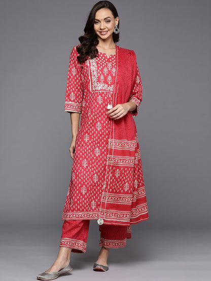 Indyancart IE Women Coral Ethnic Motifs Printed Gotta Patti Kurta with Palazzos & With Dupatta