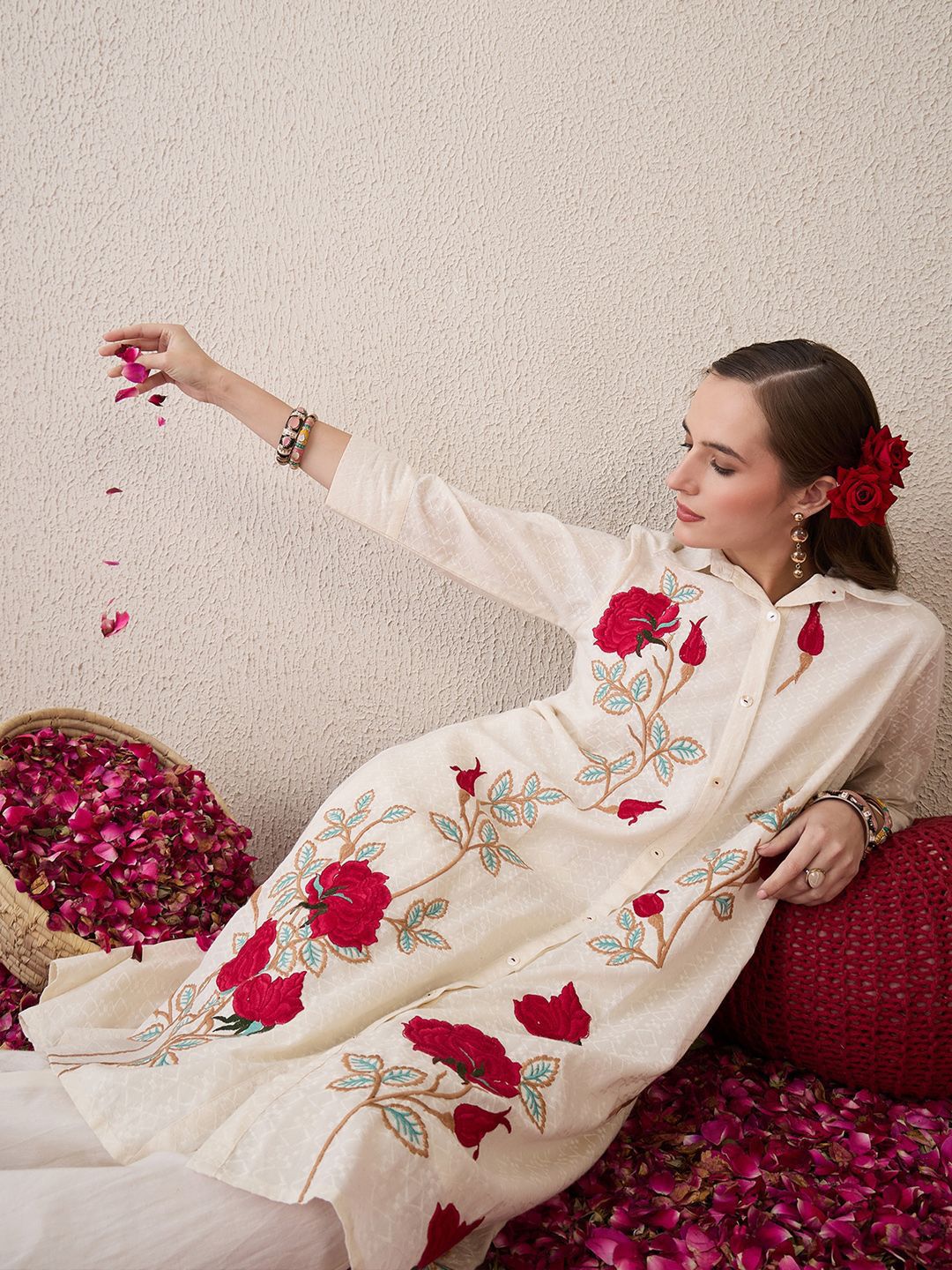 Floral Embroidered Shirt Collar Thread Work Pure Cotton A-Line Kurta With Trouser