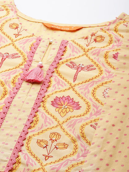 Dhiyona IE Women Yellow Ethnic Motifs Printed Kurta with Trousers & With Dupatta