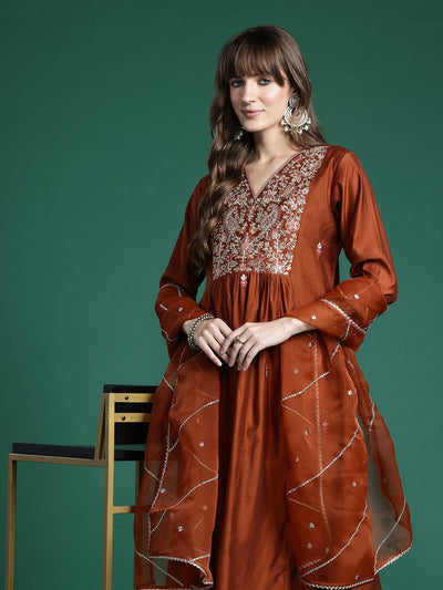 Indyancart IE Ethnic Motifs Embroidered Kurta with Trousers & Dupatta