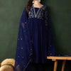 Women's Navy Blue Ethnic Motifs Embroidered A-Line Kurta With Trouser & Dupatta