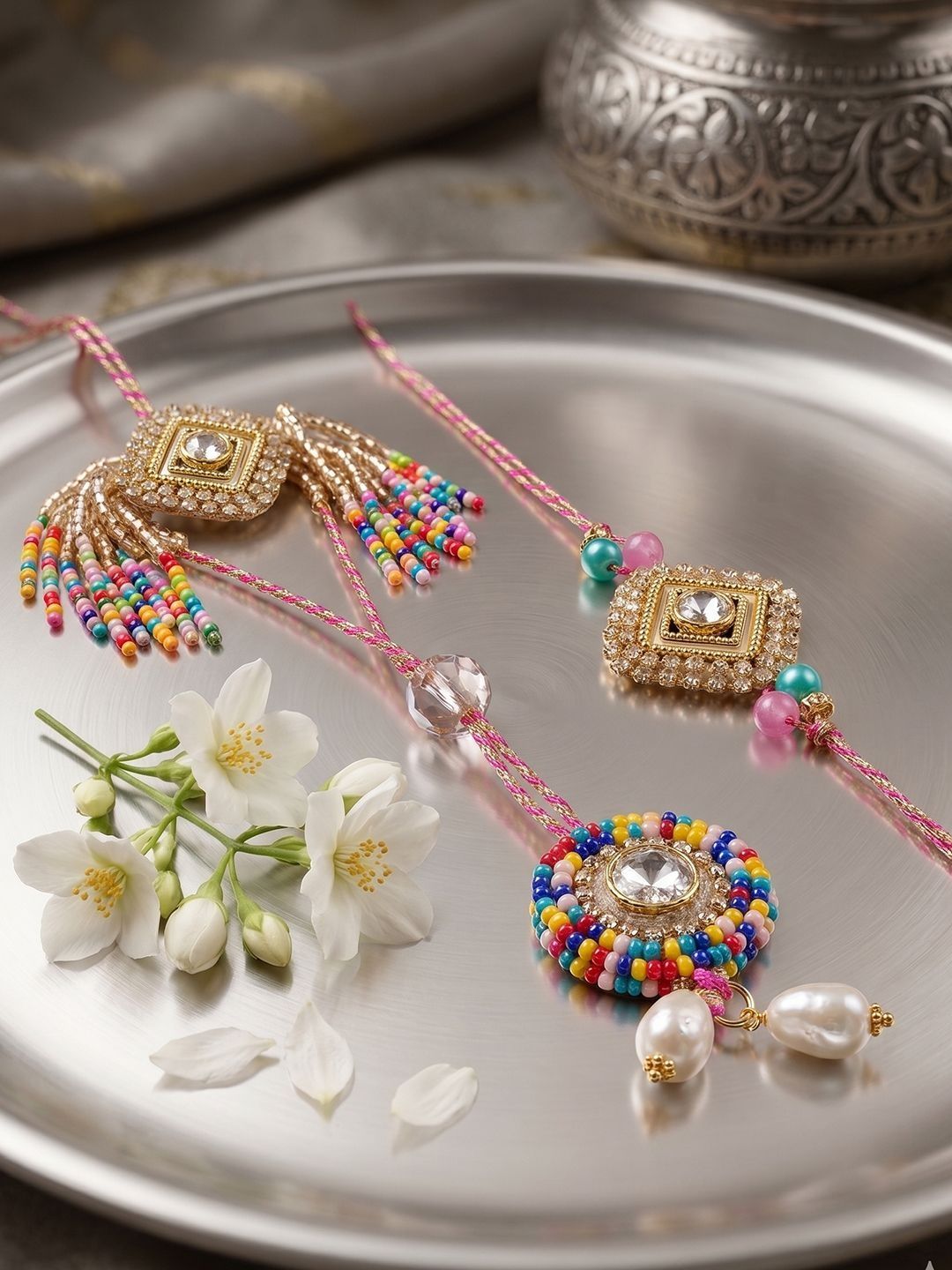 Anouk Set Of 2 White Artificial Stones Golden Toned Bhaiya Bhabhi Rakhi With Roli Chawal