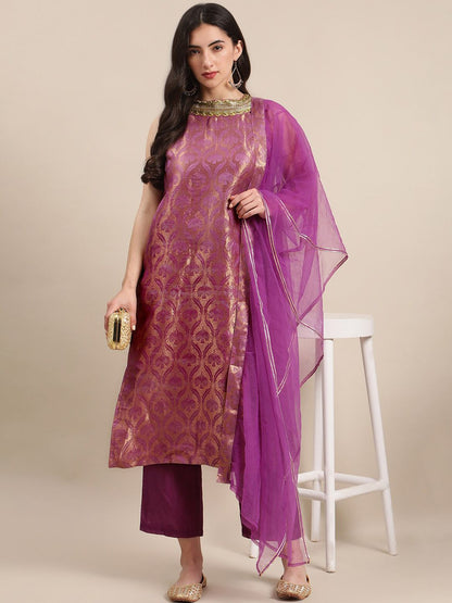 Indyancart VA Women Purple Ethnic Motifs Woven Design Kurta With Palazzos & Dupatta