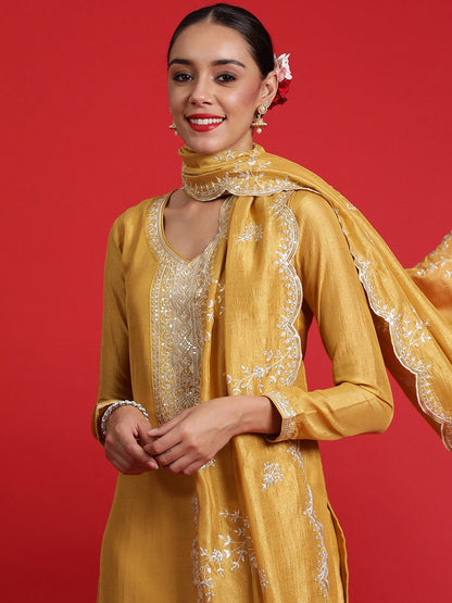 Dhiyona IE Floral Embroidered Sequinned Kurta With Trousers & Dupatta
